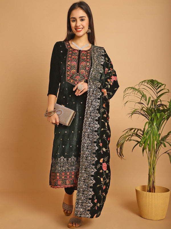 Jyoti Fashion Women's Green Velvet Floral Resham Thread with Jari & Sequince work Designer Straight Suit Set - Distacart