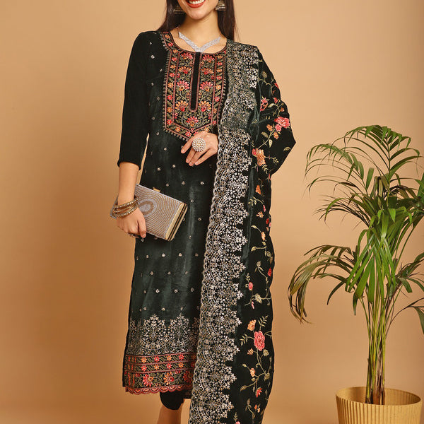Jyoti Fashion Women's Green Velvet Floral Resham Thread with Jari & Sequince work Designer Straight Suit Set - Distacart