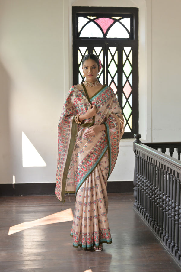 Jyoti Fashion Women's Mehendi Soft Tussar Silk Printed Designer Saree with Blouse