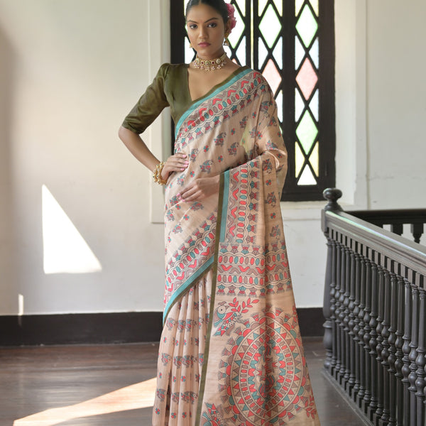 Jyoti Fashion Women's Mehendi Soft Tussar Silk Printed Designer Saree with Blouse - Distacart