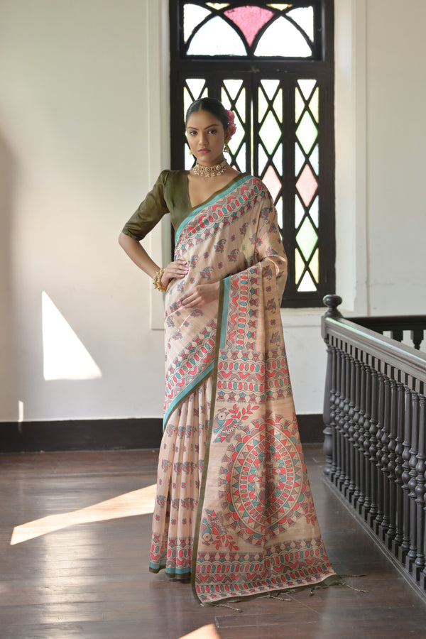 Jyoti Fashion Women's Mehendi Soft Tussar Silk Printed Designer Saree with Blouse