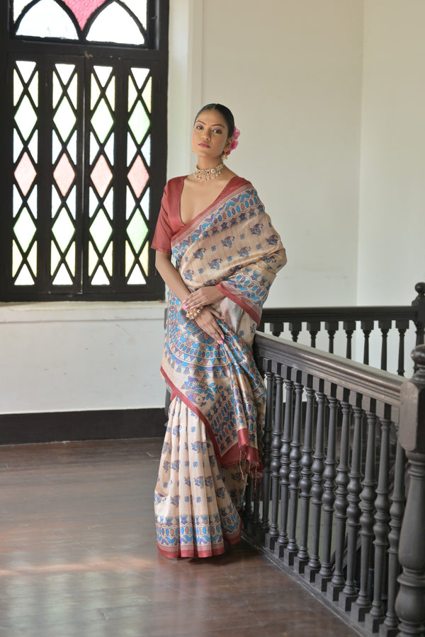 Jyoti Fashion Women's Red Soft Tussar Silk Printed Designer Saree with Blouse