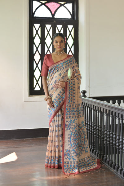 Jyoti Fashion Women's Red Soft Tussar Silk Printed Designer Saree with Blouse