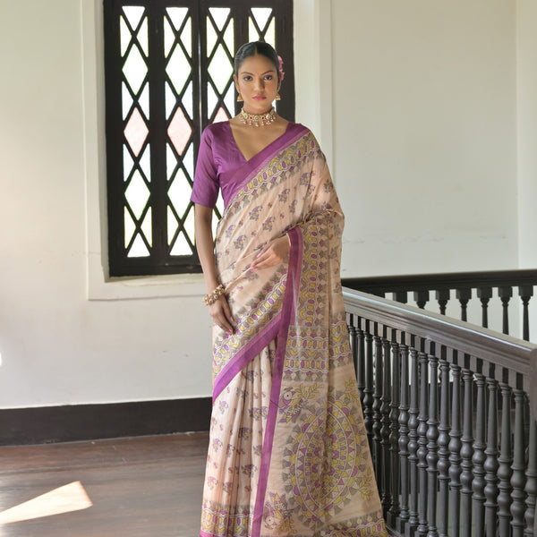 Jyoti Fashion Women's Wine Soft Tussar Silk Printed Designer Saree with Blouse - Distacart
