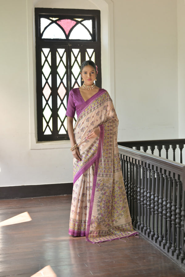 Jyoti Fashion Women's Wine Soft Tussar Silk Printed Designer Saree with Blouse