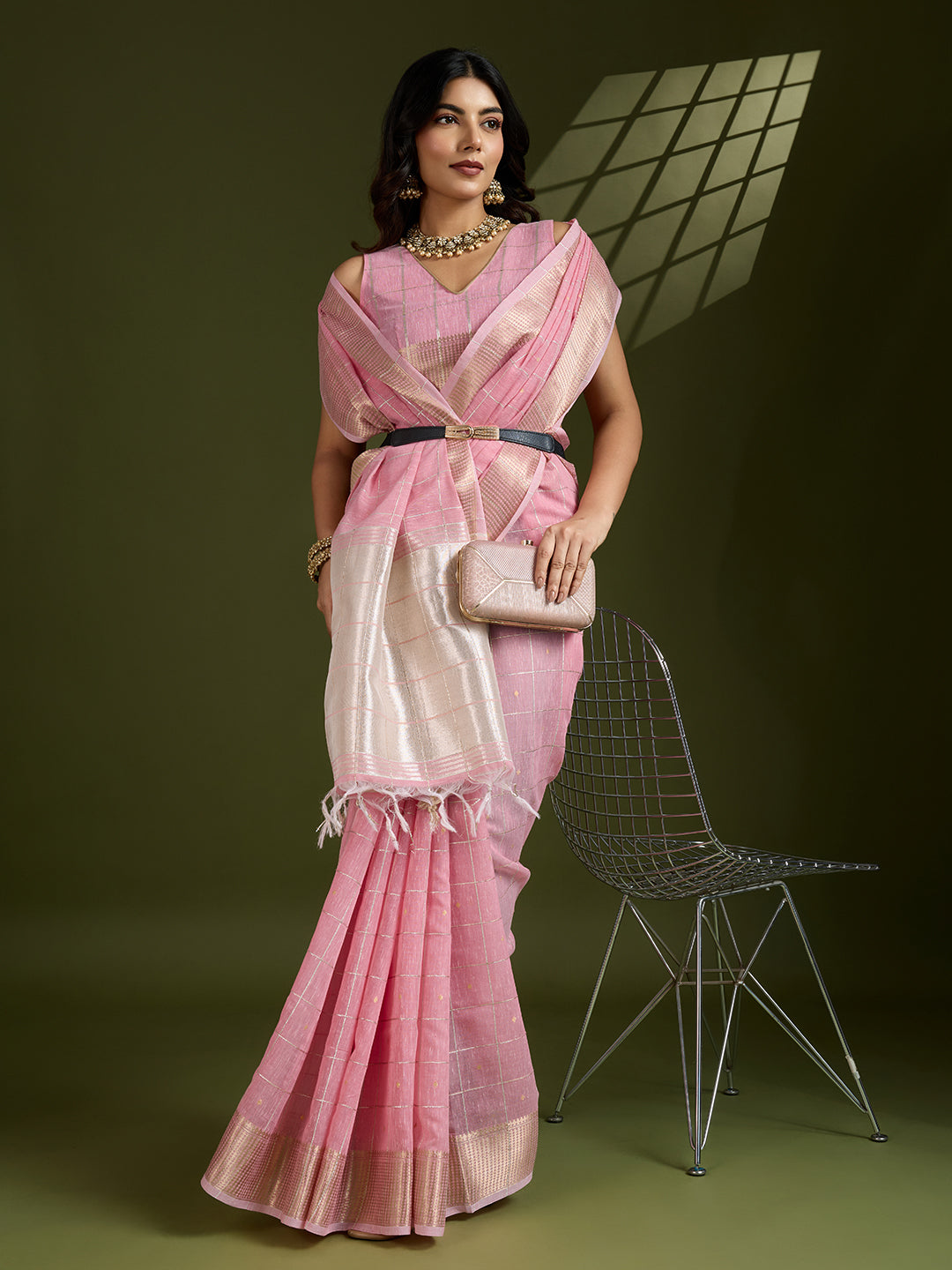 Jyoti Fashion Women's Pink Tissue Linen Silk Zari Woven Designer Saree with Blouse