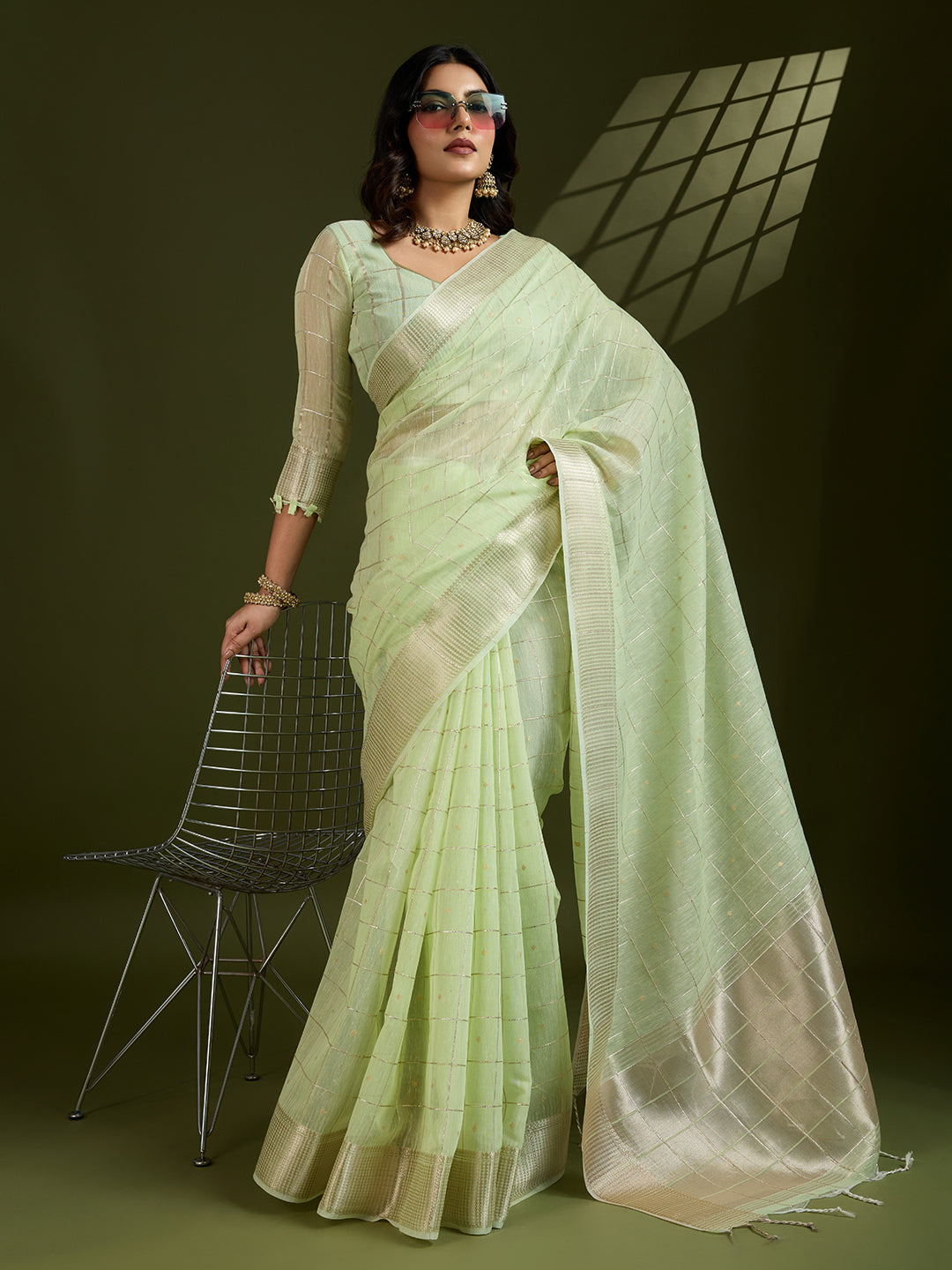 Jyoti Fashion Women's Sea Green Tissue Linen Silk Zari Woven Designer Saree with Blouse