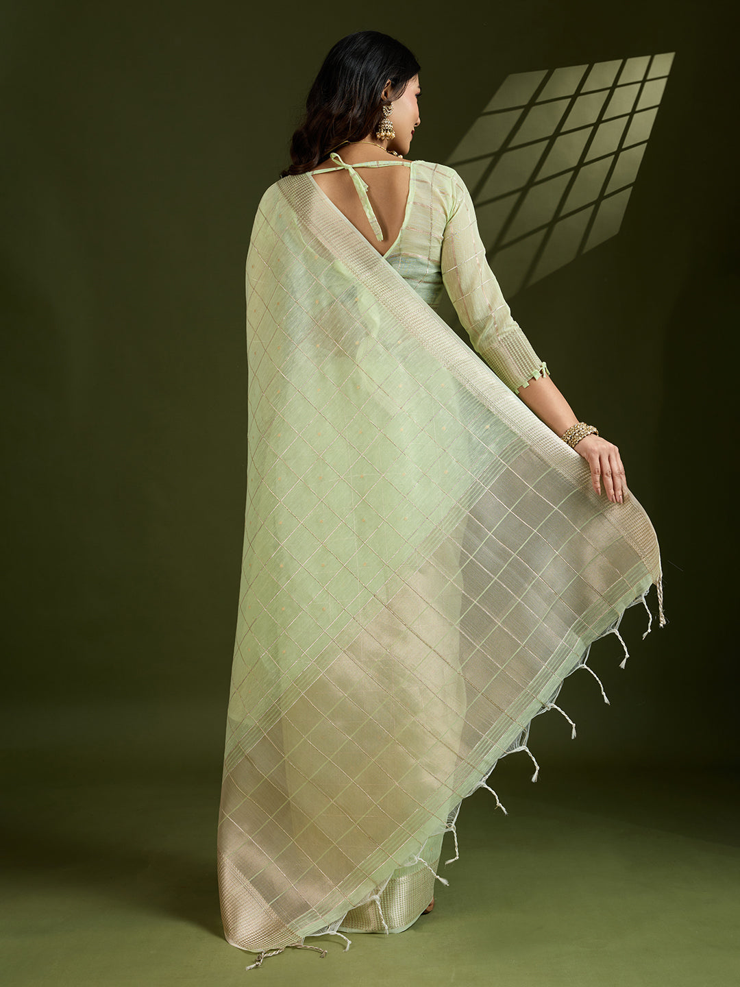 Jyoti Fashion Women's Sea Green Tissue Linen Silk Zari Woven Designer Saree with Blouse