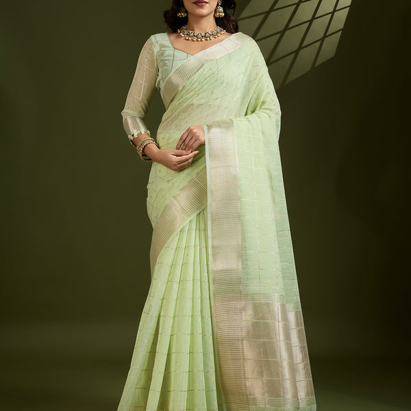 Jyoti Fashion Women's Sea Green Tissue Linen Silk Zari Woven Designer Saree with Blouse - Distacart