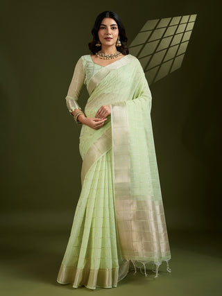 Jyoti Fashion Women's Sea Green Tissue Linen Silk Zari Woven Designer Saree with Blouse
