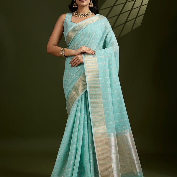 Jyoti Fashion Women's Sky Blue Tissue Linen Silk Zari Woven Designer Saree with Blouse - Distacart