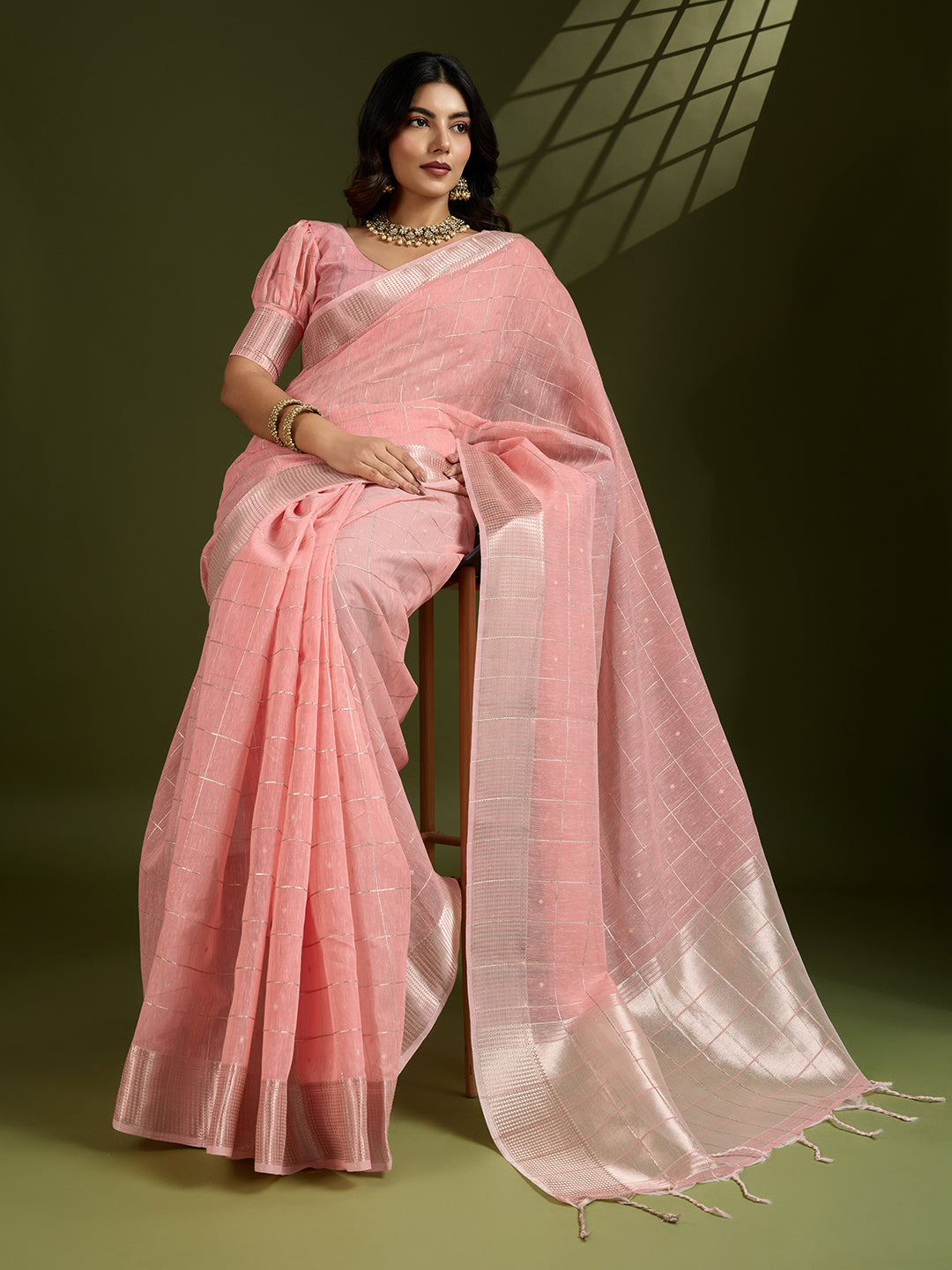 Jyoti Fashion Women's Peach Tissue Linen Silk Zari Woven Designer Saree with Blouse
