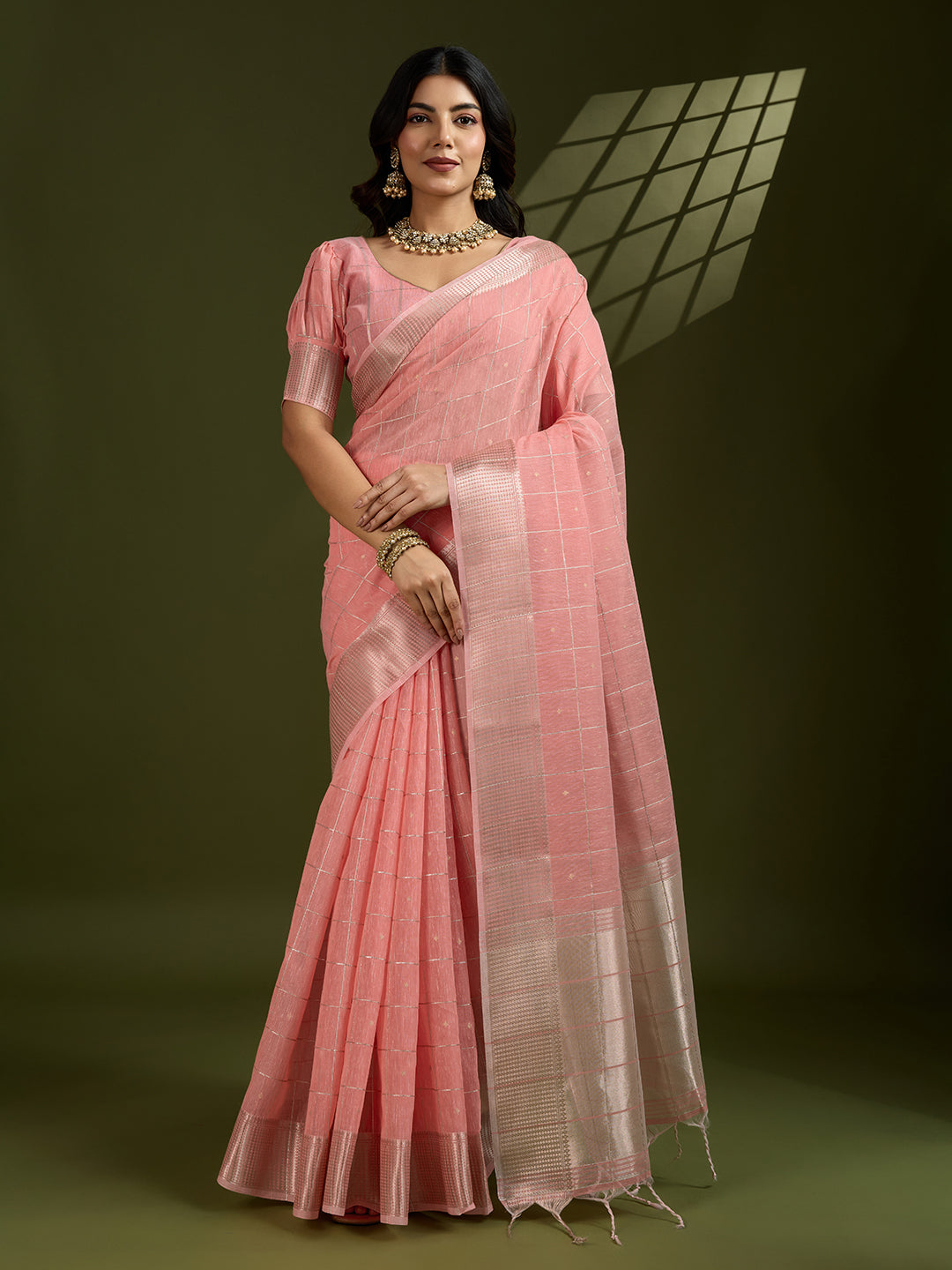 Jyoti Fashion Women's Peach Tissue Linen Silk Zari Woven Designer Saree with Blouse