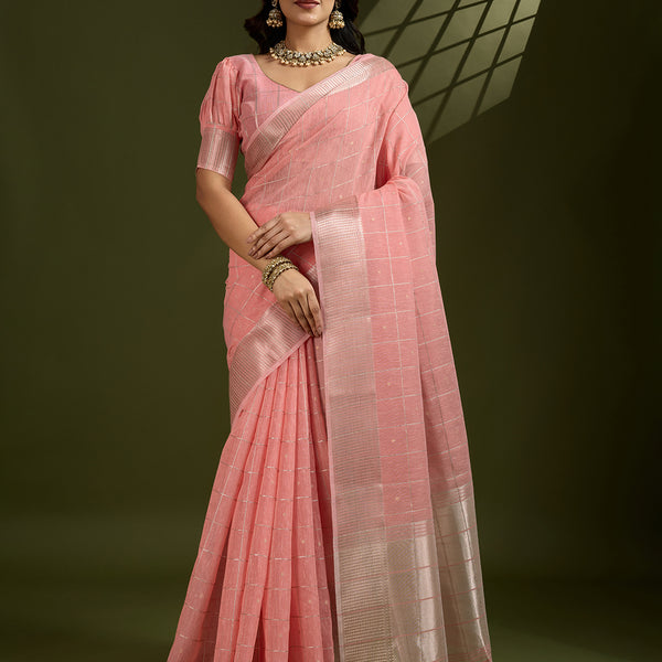 Jyoti Fashion Women's Peach Tissue Linen Silk Zari Woven Designer Saree with Blouse - Distacart