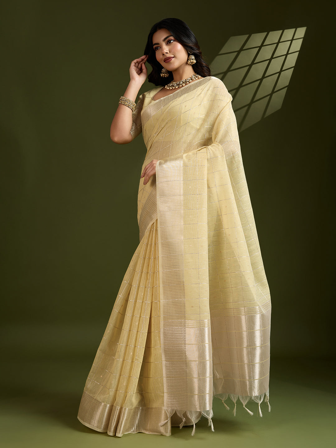 Jyoti Fashion Women's Light Yellow Tissue Linen Silk Zari Woven Designer Saree with Blouse
