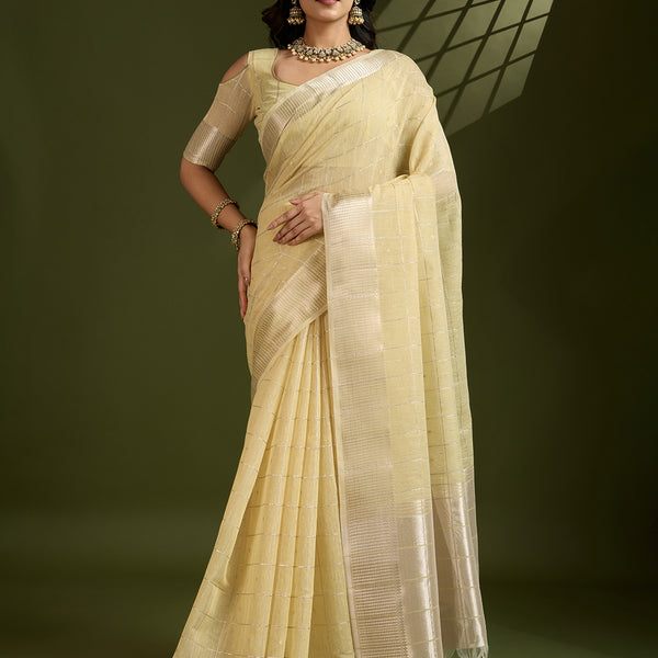 Jyoti Fashion Women's Light Yellow Tissue Linen Silk Zari Woven Designer Saree with Blouse - Distacart