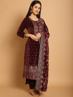 Thumbnail for Jyoti Fashion Women's Maroon Velvet Floral Resham Thread with Jari & Sequince work Designer Straight Suit Set - Distacart