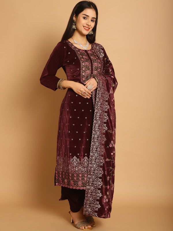 Jyoti Fashion Women's Maroon Velvet Floral Resham Thread with Jari & Sequince work Designer Straight Suit Set - Distacart