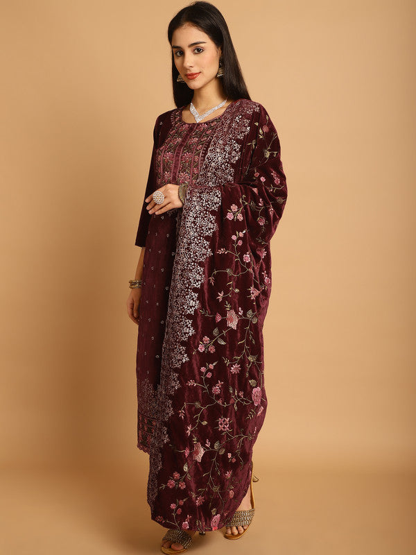 Jyoti Fashion Women's Maroon Velvet Floral Resham Thread with Jari & Sequince work Designer Straight Suit Set - Distacart