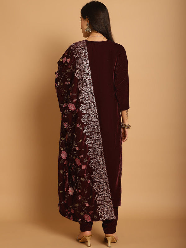 Jyoti Fashion Women's Maroon Velvet Floral Resham Thread with Jari & Sequince work Designer Straight Suit Set - Distacart