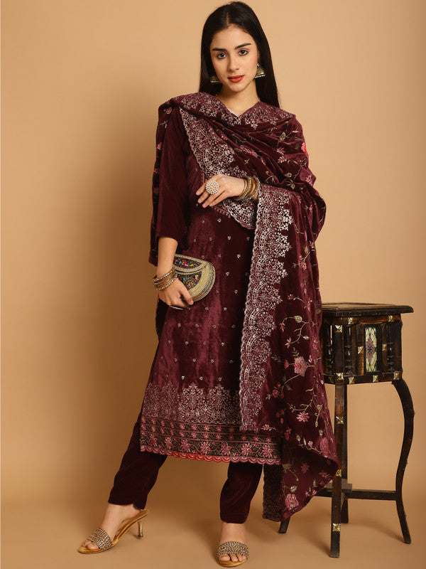 Jyoti Fashion Women's Maroon Velvet Floral Resham Thread with Jari & Sequince work Designer Straight Suit Set - Distacart