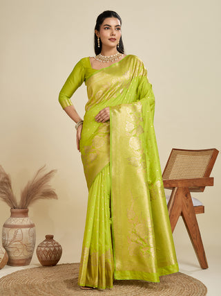 Jyoti Fashion Women's Green Soft Kanjivaram Silk Zari Woven Designer Saree with Blouse