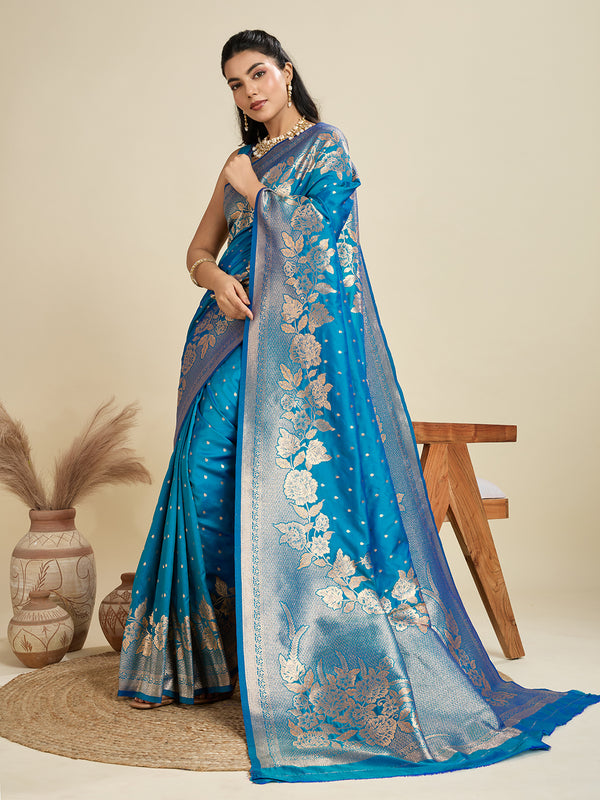 Jyoti Fashion Women's Blue Soft Kanjivaram Silk Zari Woven Designer Saree with Blouse