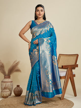 Jyoti Fashion Women's Blue Soft Kanjivaram Silk Zari Woven Designer Saree with Blouse