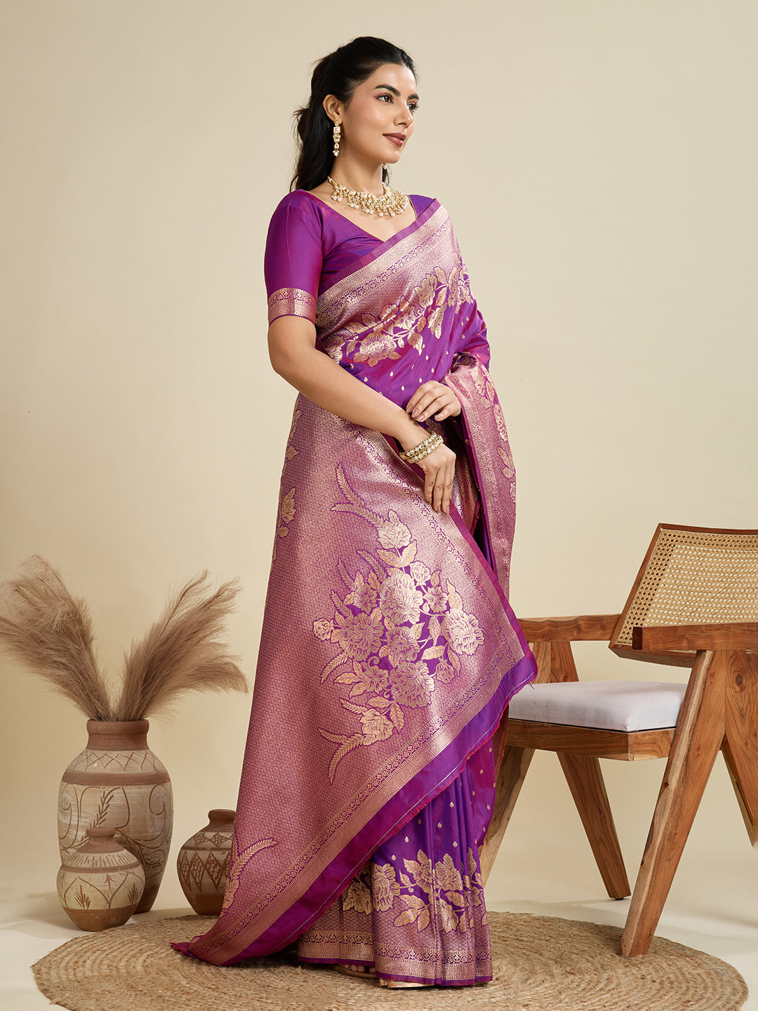Jyoti Fashion Women's Purple Soft Kanjivaram Silk Zari Woven Designer Saree with Blouse