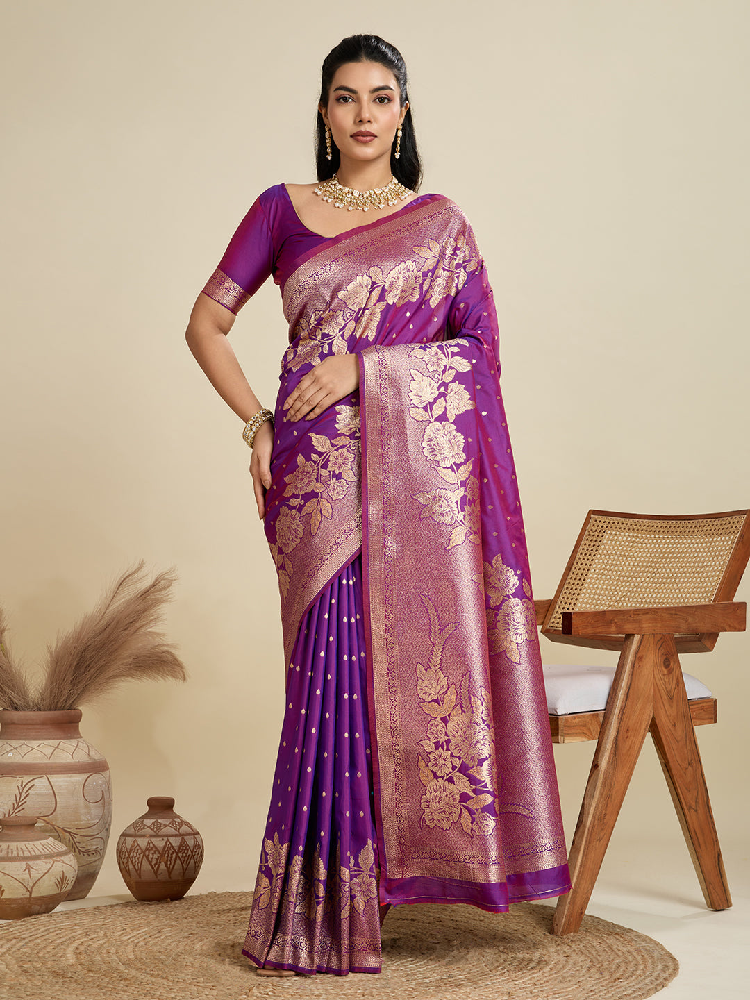 Jyoti Fashion Women's Purple Soft Kanjivaram Silk Zari Woven Designer Saree with Blouse