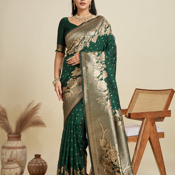 Jyoti Fashion Women's Bottle Green Soft Kanjivaram Silk Zari Woven Designer Saree with Blouse - Distacart