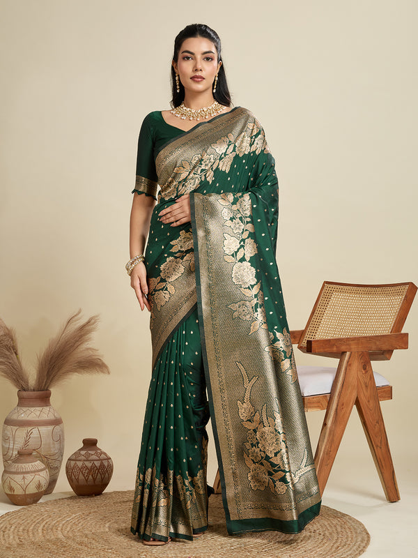 Jyoti Fashion Women's Bottle Green Soft Kanjivaram Silk Zari Woven Designer Saree with Blouse