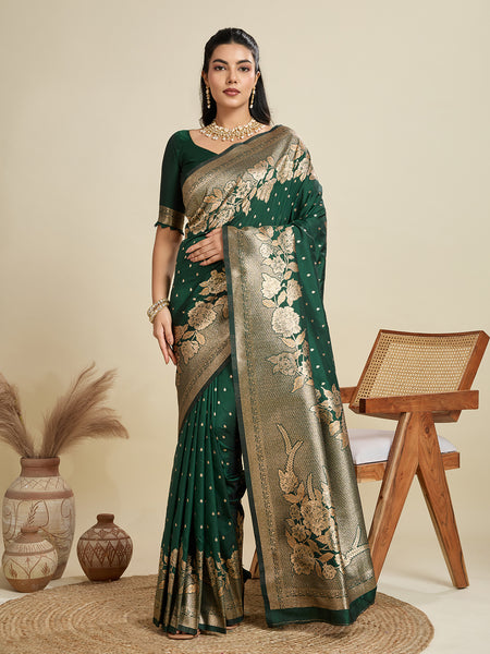 Jyoti Fashion Women's Bottle Green Soft Kanjivaram Silk Zari Woven Designer Saree with Blouse