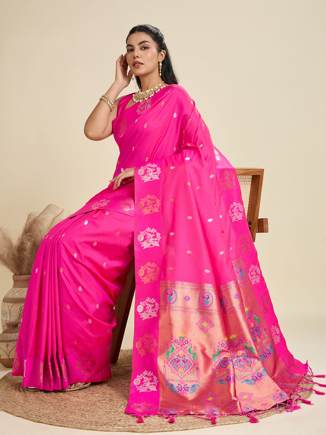 Jyoti Fashion Women's Pink Soft Kanjivaram Paithani Silk Zari Woven Designer Saree with Blouse