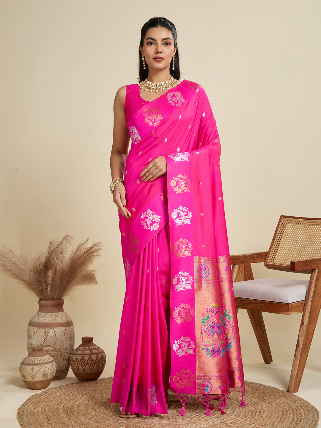 Jyoti Fashion Women's Pink Soft Kanjivaram Paithani Silk Zari Woven Designer Saree with Blouse
