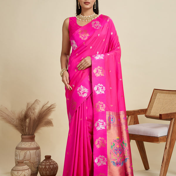 Jyoti Fashion Women's Pink Soft Kanjivaram Paithani Silk Zari Woven Designer Saree with Blouse - Distacart