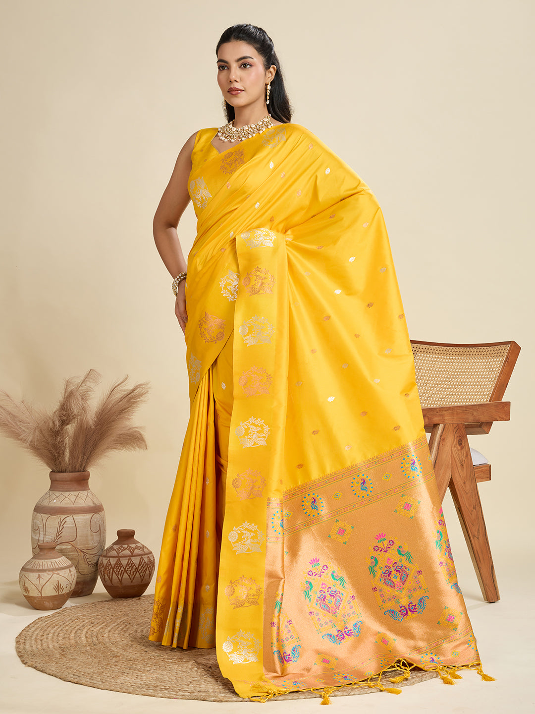 Jyoti Fashion Women's Yellow Soft Kanjivaram Paithani Silk Zari Woven Designer Saree with Blouse