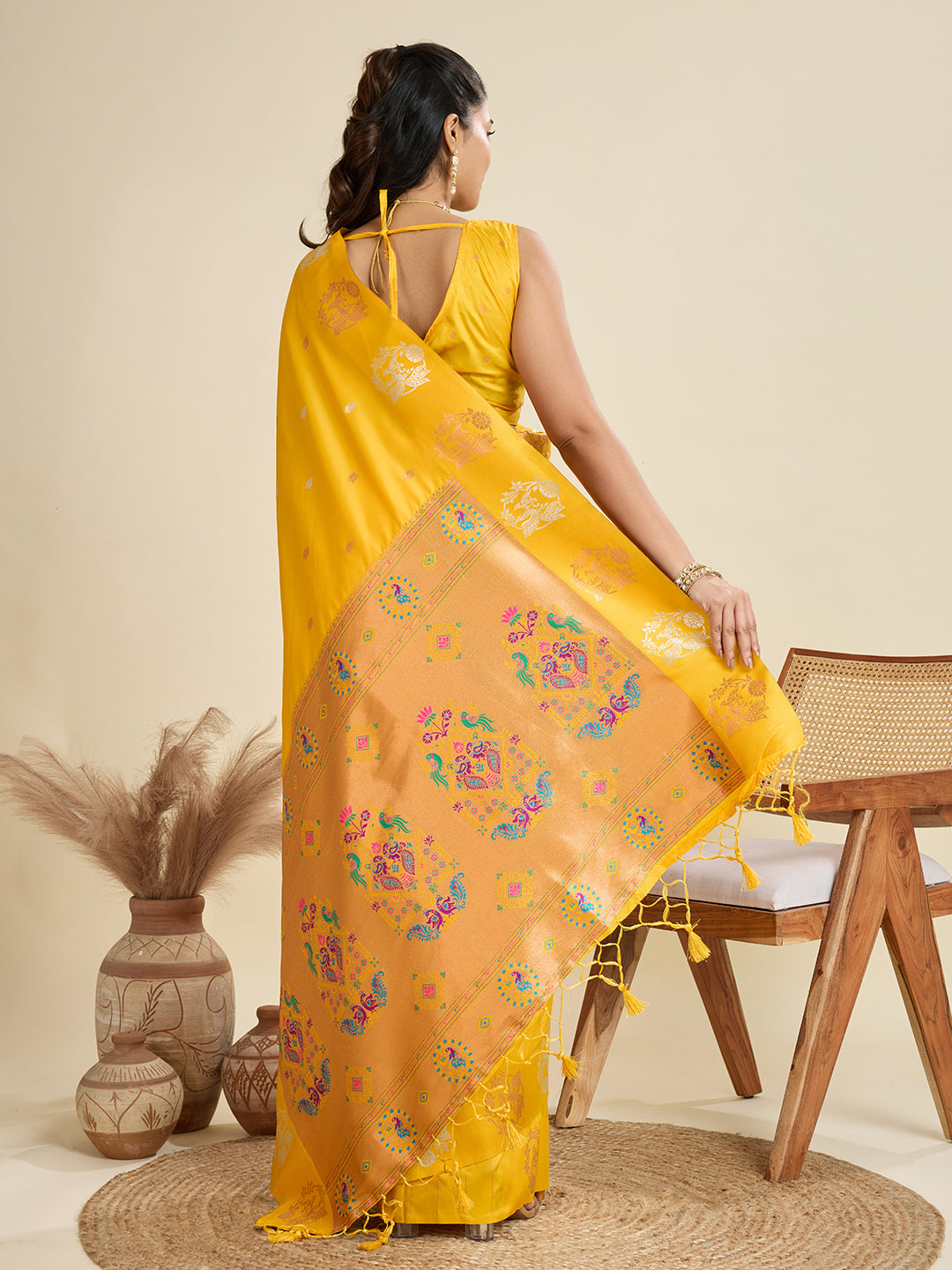 Jyoti Fashion Women's Yellow Soft Kanjivaram Paithani Silk Zari Woven Designer Saree with Blouse