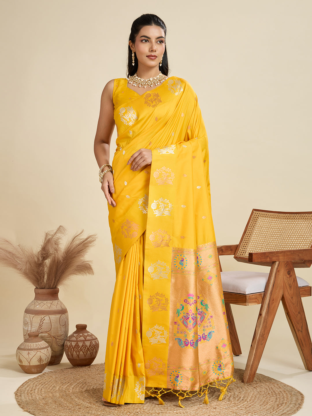 Jyoti Fashion Women's Yellow Soft Kanjivaram Paithani Silk Zari Woven Designer Saree with Blouse