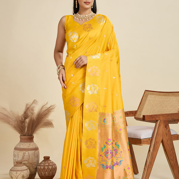 Jyoti Fashion Women's Yellow Soft Kanjivaram Paithani Silk Zari Woven Designer Saree with Blouse - Distacart