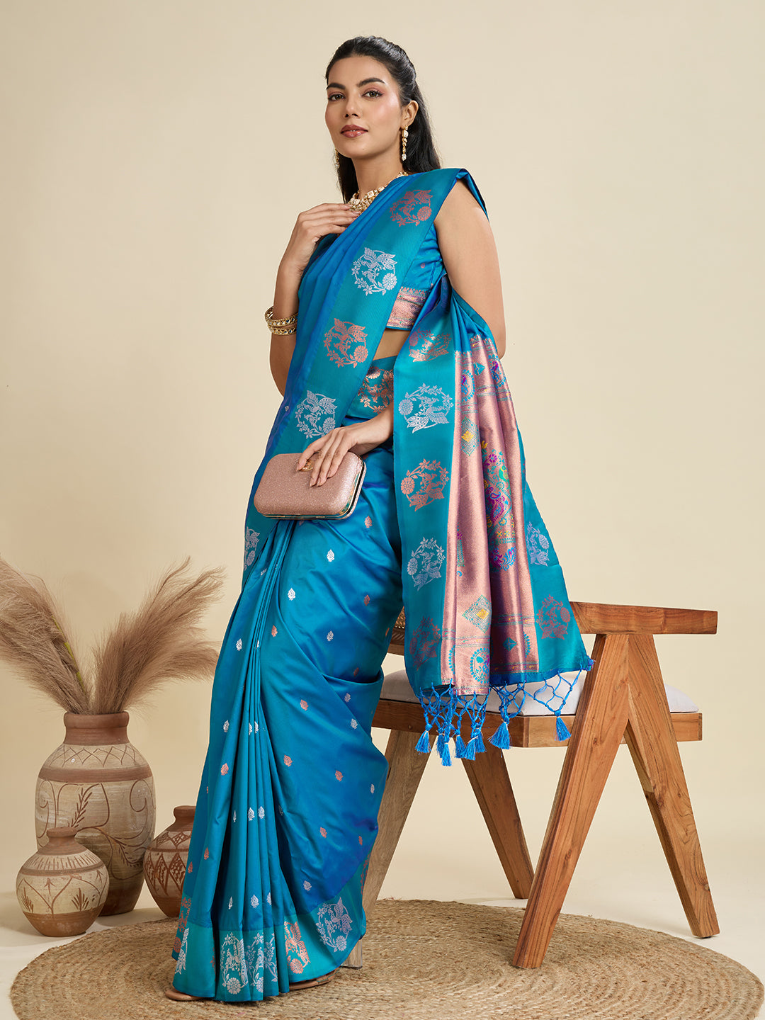 Jyoti Fashion Women's Sky Blue Soft Kanjivaram Paithani Silk Zari Woven Designer Saree with Blouse