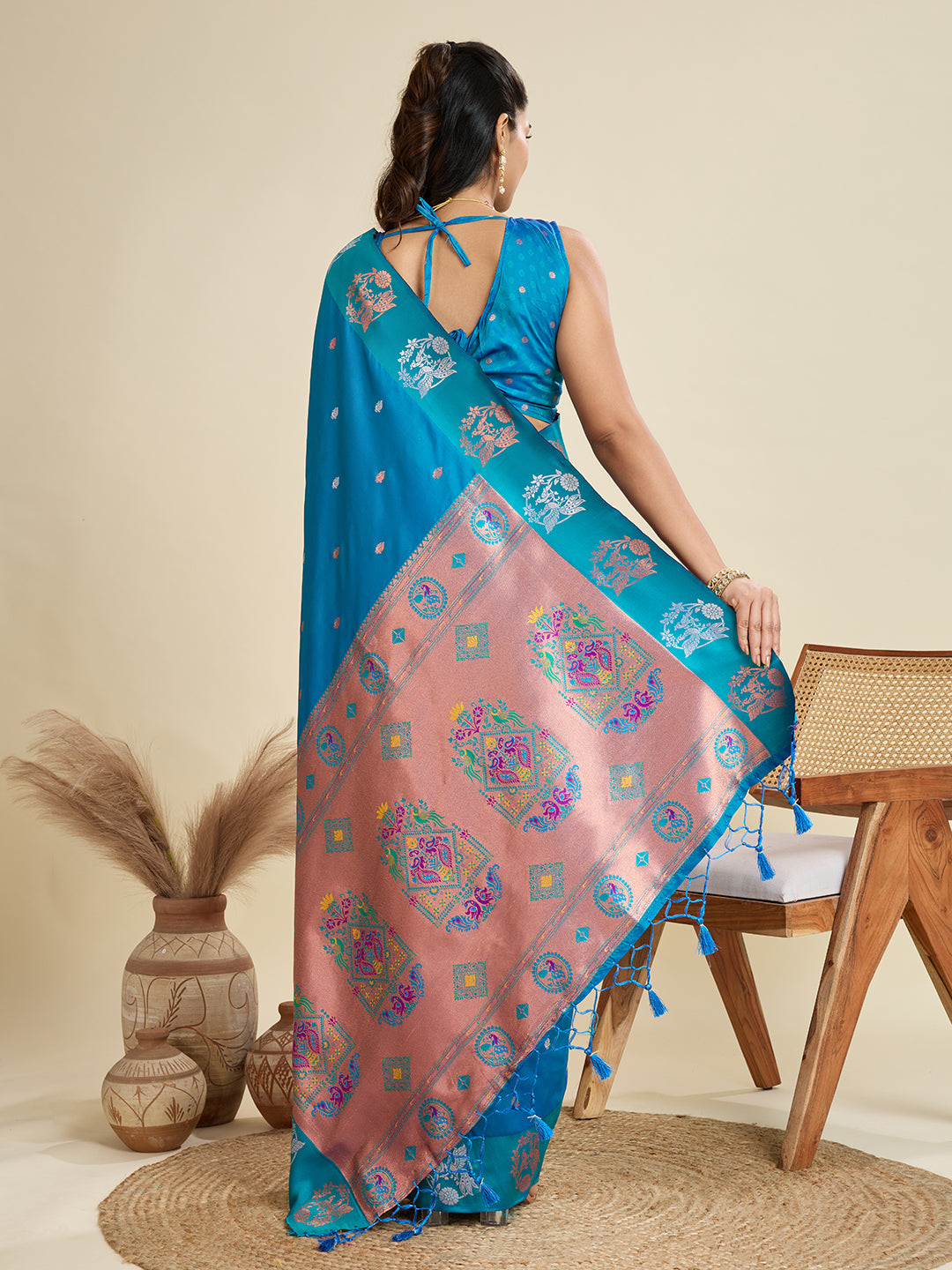 Jyoti Fashion Women's Sky Blue Soft Kanjivaram Paithani Silk Zari Woven Designer Saree with Blouse