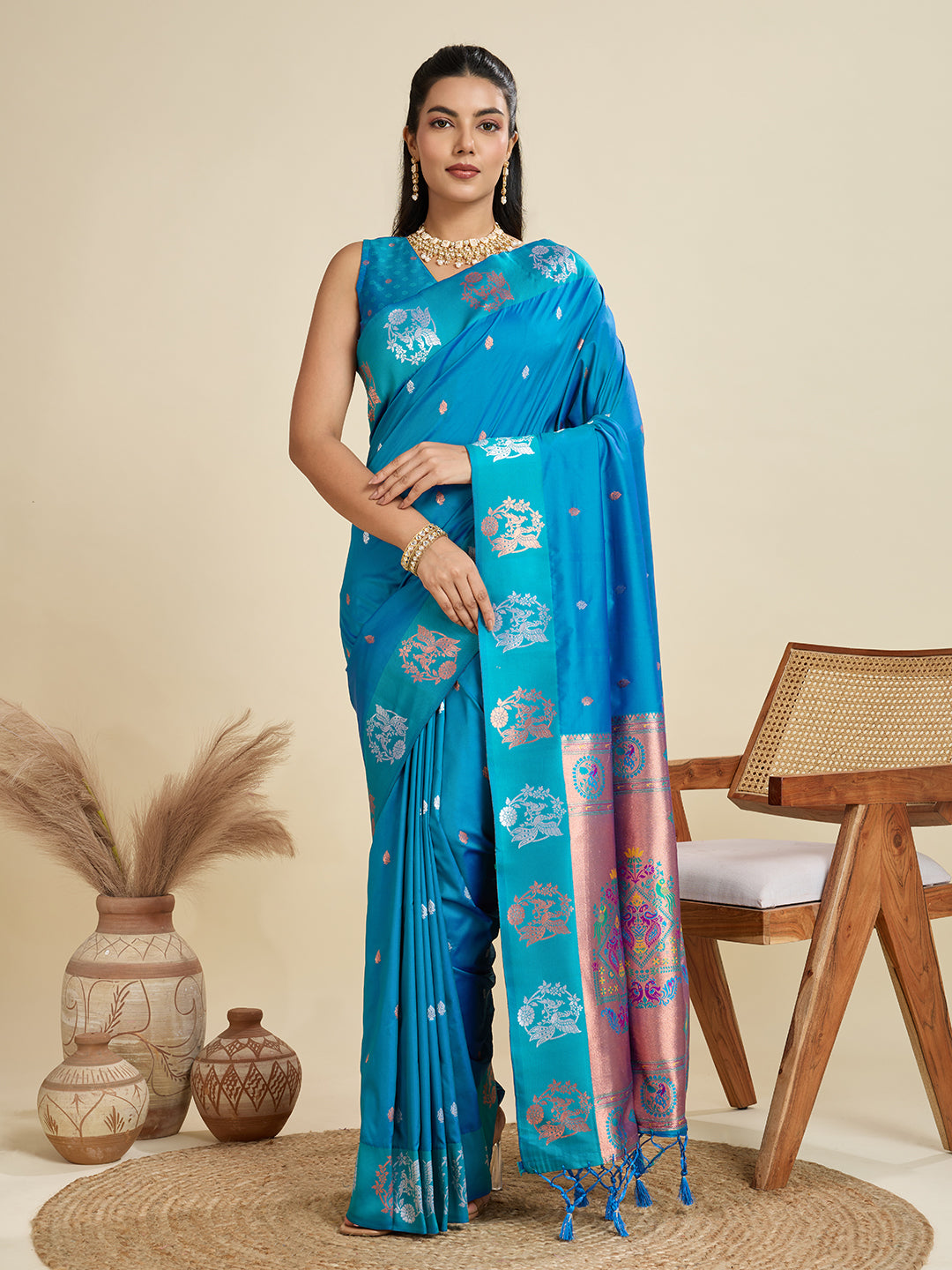 Jyoti Fashion Women's Sky Blue Soft Kanjivaram Paithani Silk Zari Woven Designer Saree with Blouse