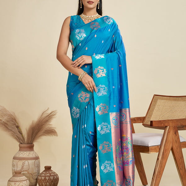 Jyoti Fashion Women's Sky Blue Soft Kanjivaram Paithani Silk Zari Woven Designer Saree with Blouse - Distacart