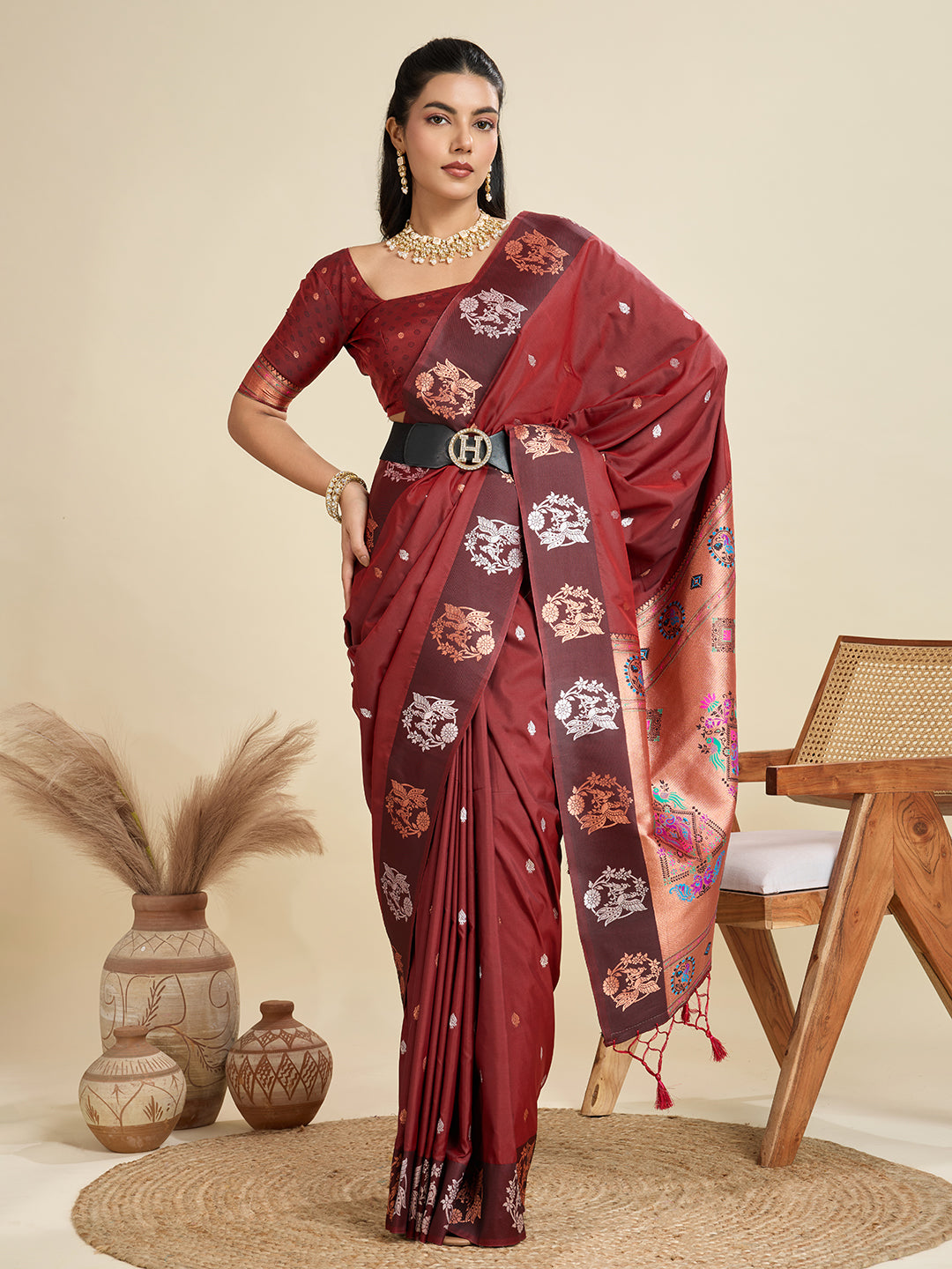 Jyoti Fashion Women's Maroon Soft Kanjivaram Paithani Silk Zari Woven Designer Saree with Blouse