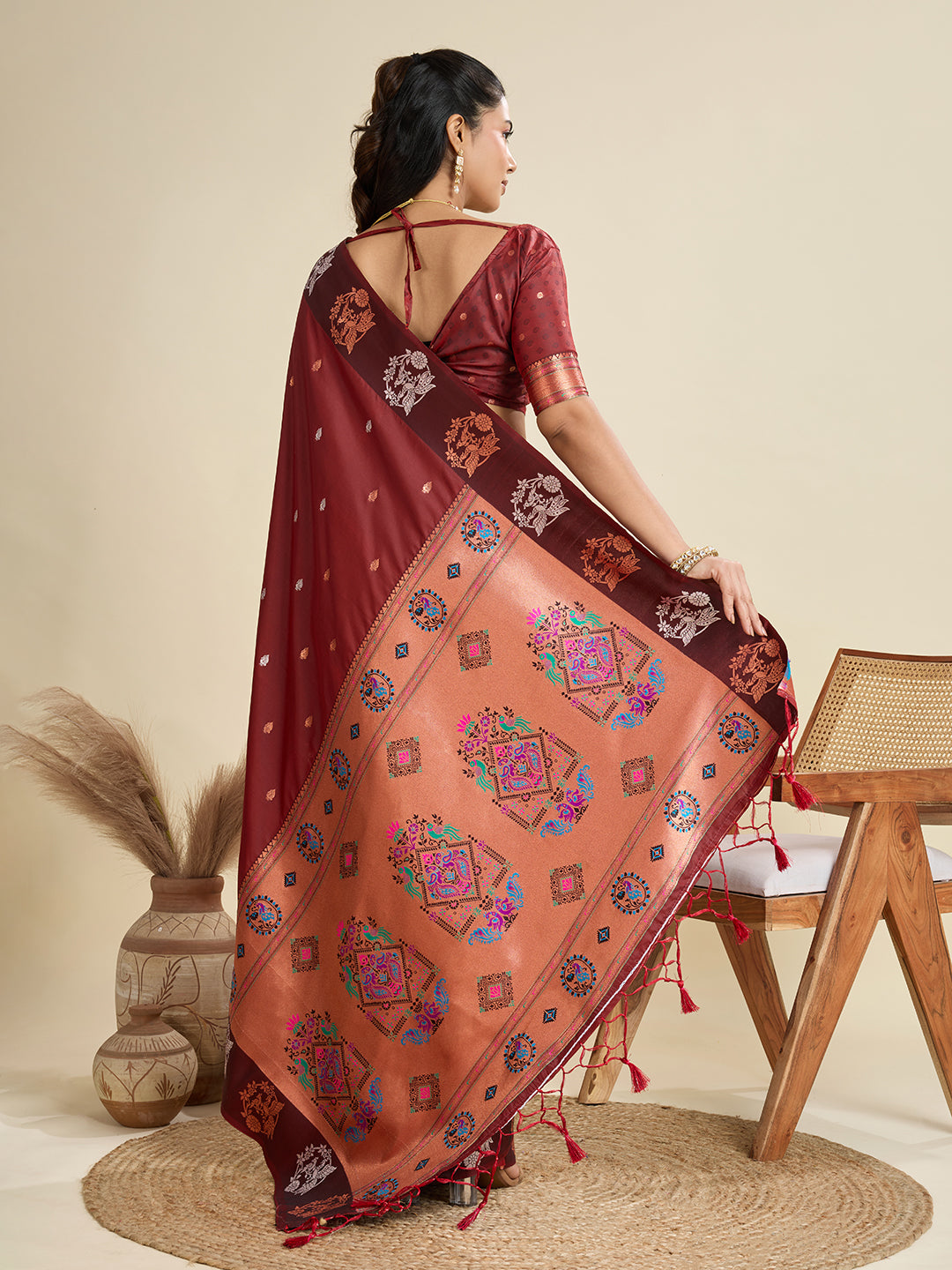 Jyoti Fashion Women's Maroon Soft Kanjivaram Paithani Silk Zari Woven Designer Saree with Blouse