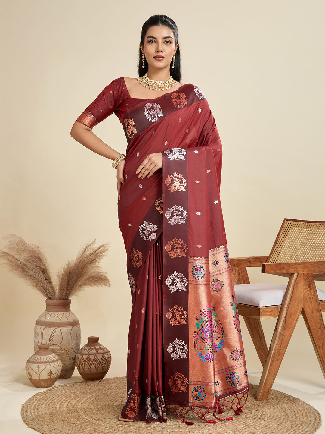 Jyoti Fashion Women's Maroon Soft Kanjivaram Paithani Silk Zari Woven Designer Saree with Blouse