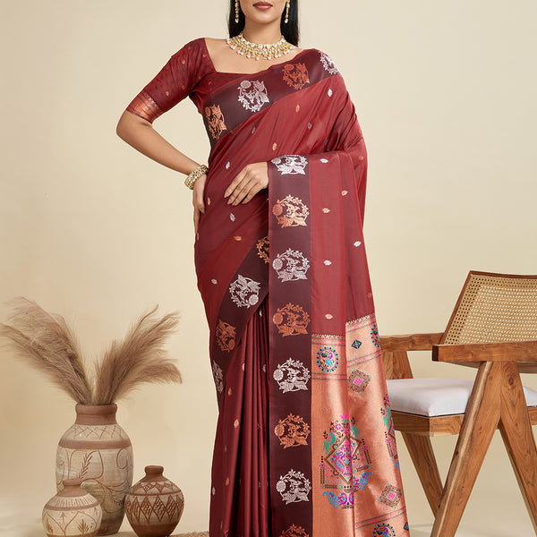 Jyoti Fashion Women's Maroon Soft Kanjivaram Paithani Silk Zari Woven Designer Saree with Blouse - Distacart