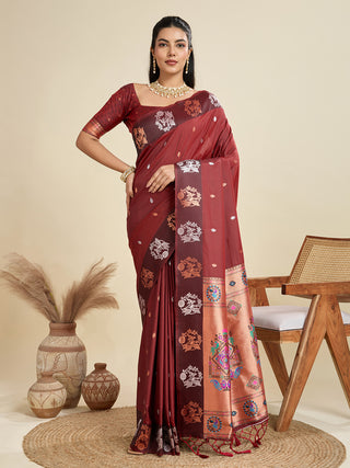 Jyoti Fashion Women's Maroon Soft Kanjivaram Paithani Silk Zari Woven Designer Saree with Blouse