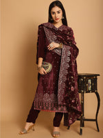 Thumbnail for Jyoti Fashion Women's Maroon Velvet Floral Resham Thread with Jari & Sequince work Designer Straight Suit Set - Distacart
